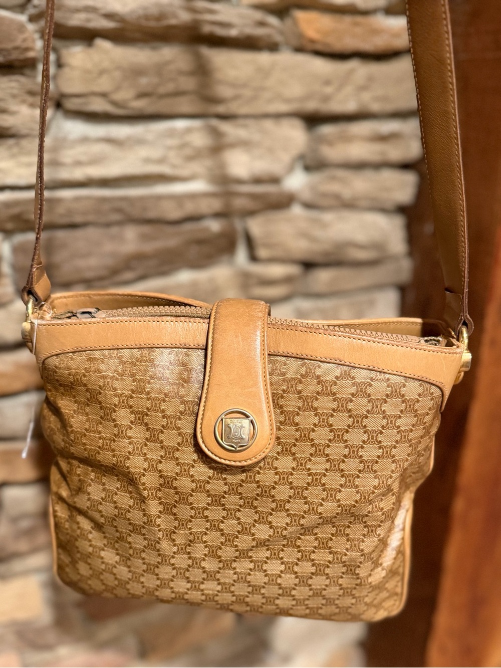 Authentic Celine Vintage 90’s Cognac Monogram Crossbody Bag Leather Trim